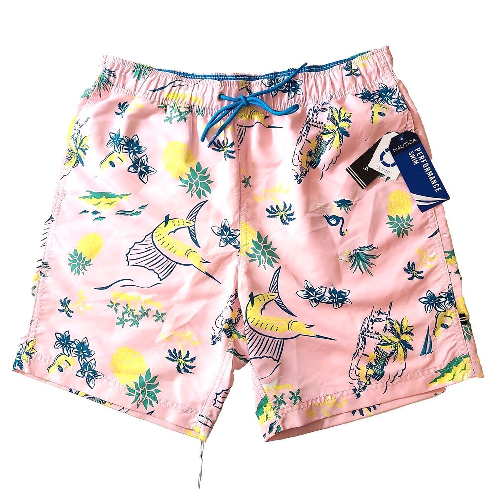 Nautica Swim Trunks Mens 2XL Pale Orchid Pink Island Scene‎ Print NEW
